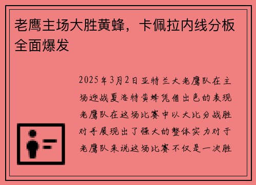 老鹰主场大胜黄蜂，卡佩拉内线分板全面爆发