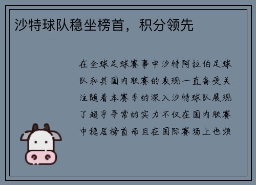沙特球队稳坐榜首，积分领先