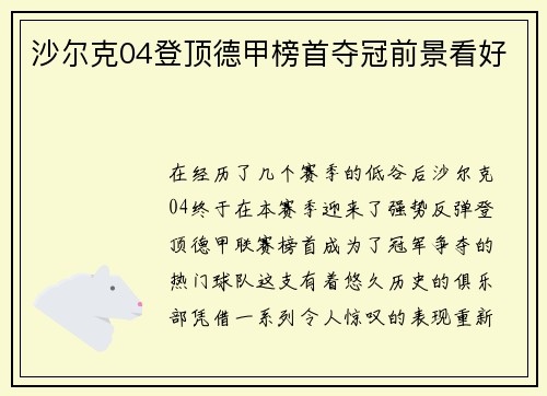 沙尔克04登顶德甲榜首夺冠前景看好