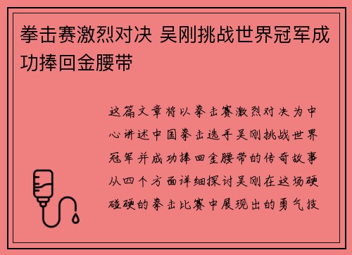 拳击赛激烈对决 吴刚挑战世界冠军成功捧回金腰带