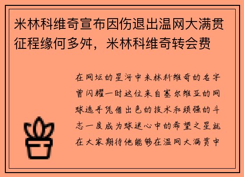 米林科维奇宣布因伤退出温网大满贯征程缘何多舛，米林科维奇转会费