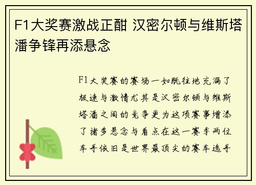 F1大奖赛激战正酣 汉密尔顿与维斯塔潘争锋再添悬念