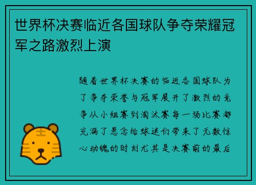 世界杯决赛临近各国球队争夺荣耀冠军之路激烈上演