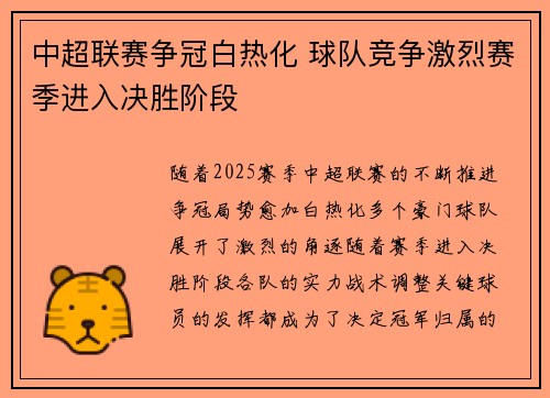 中超联赛争冠白热化 球队竞争激烈赛季进入决胜阶段